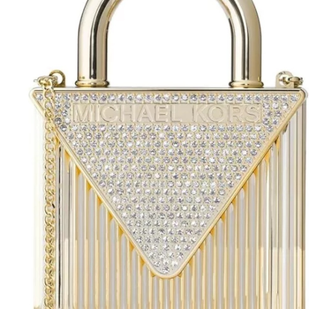 BNWT MICHAEL KORS Mercer Oversized Lock Clutch Bag Gold Silver Rhinestones